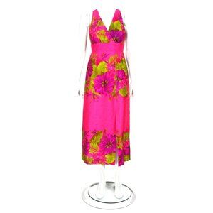 Vtg 60s HOLO HOLO Neon Pink Floral Aloha Tiki Sleeveless Maxi Dress sz S /720